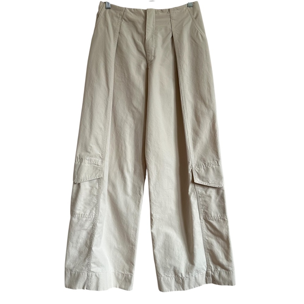 Zara Wide Leg Cargo Pants Beige Pleated High Rise Cotton Utility M - Picture 3 of 14